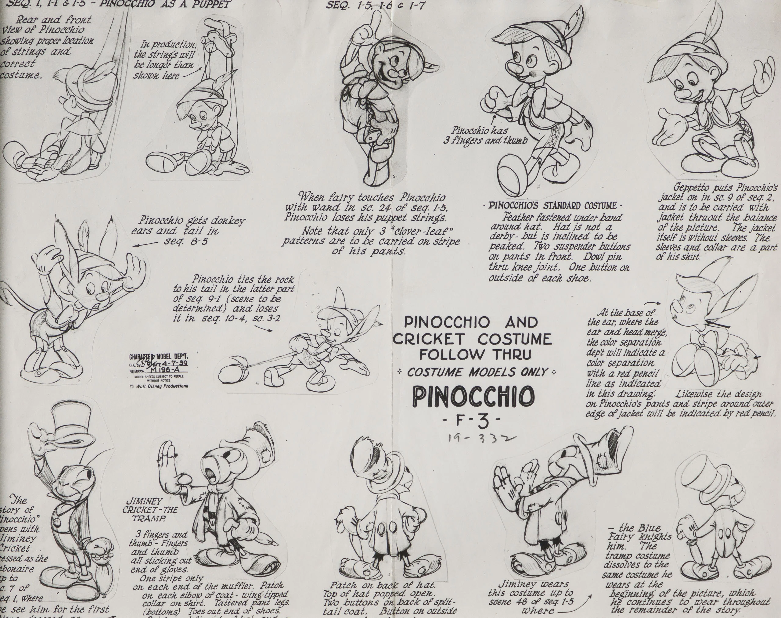 Pinocchio: Pinocchio And Cricket Costume Follow Thru Model Sheet (1940) - Image 8