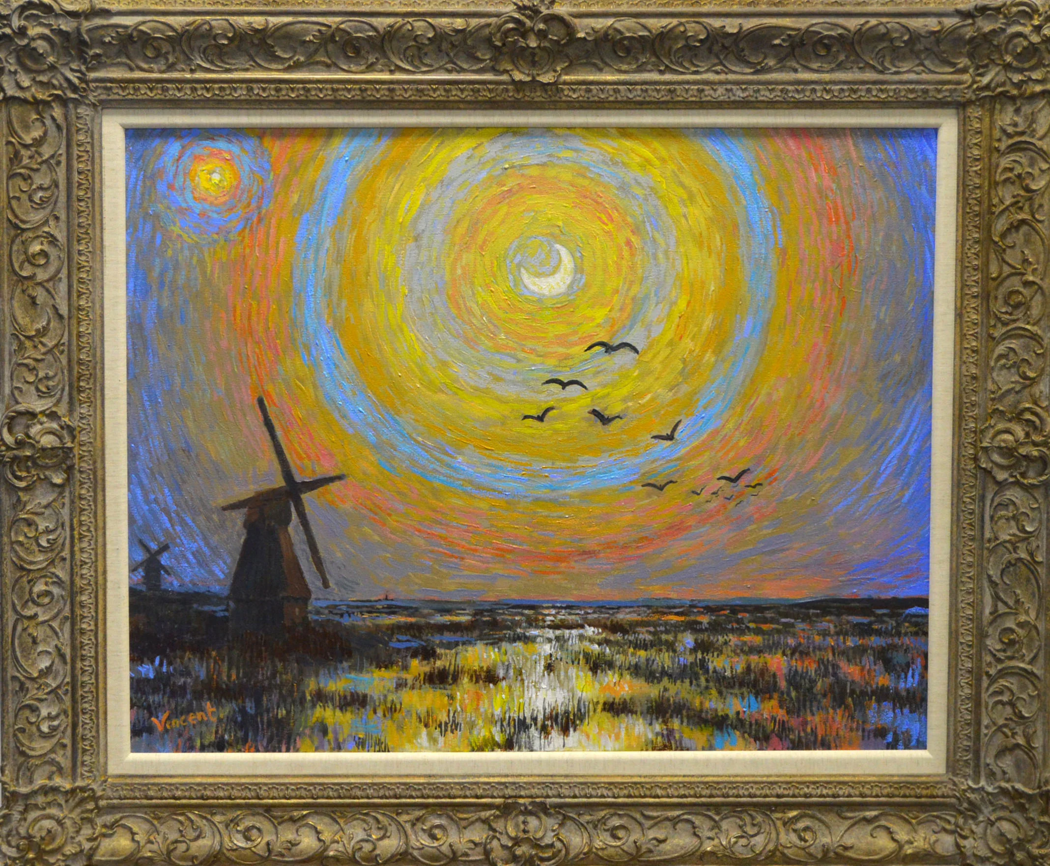 Starry Night With Marshland And Windmills
