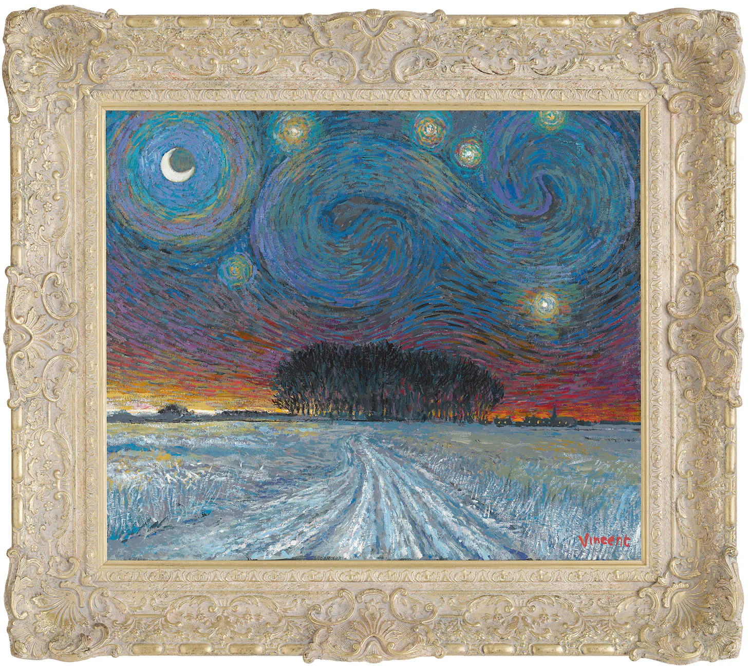 Starry Night with Snow and Distant Woodland