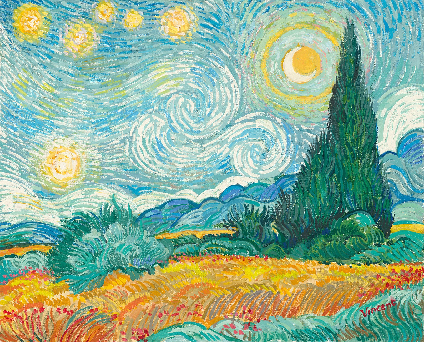 Starry Night With Wheat Field and Cypress Trees - Image 2